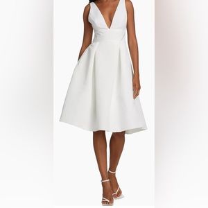 NWT Amsale Faille Deep V-Neck Little White Dress Pockets Silk White Size 10 NEW